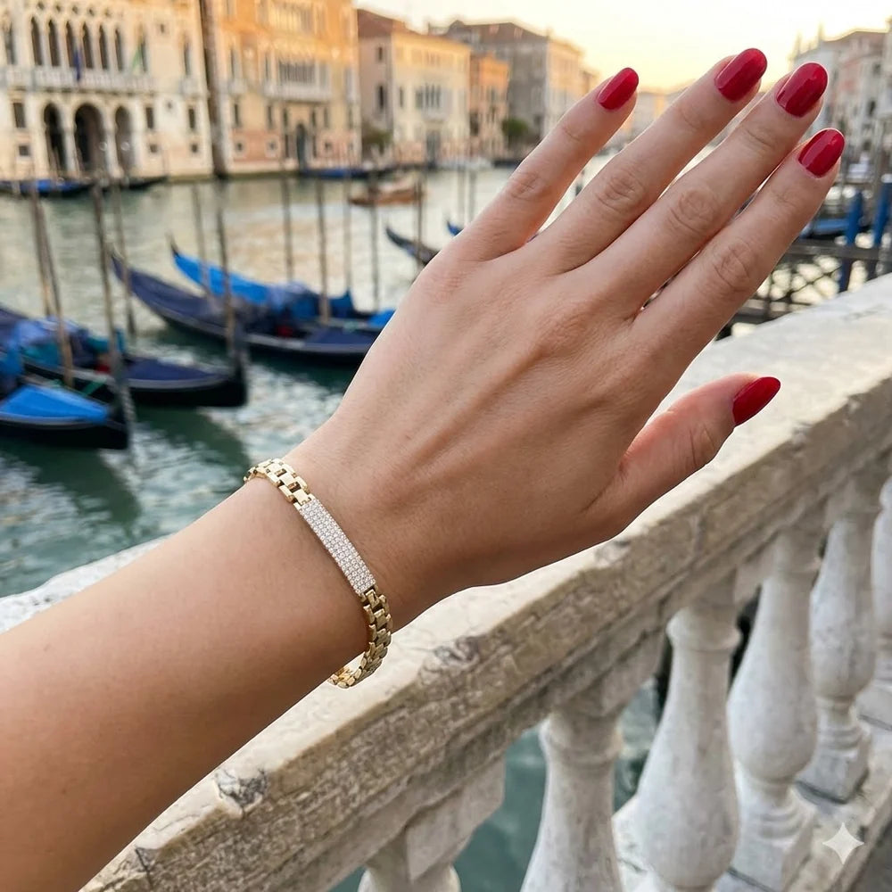 Gold Filled Oro Laminado Venetian Rolx Zirconia ID Bracelet